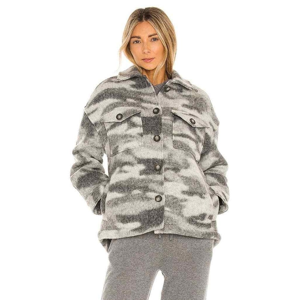 All Saints Fenix Grey Sherpa Wool Blend Camo Print Button Up Jacket Size 10 NWT